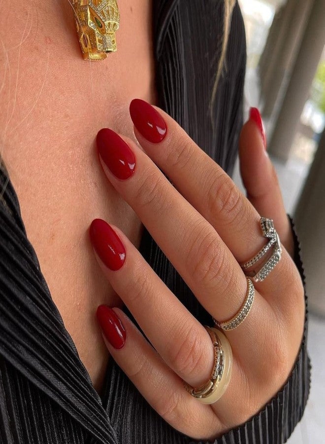 XCREANDO Cherry Red Press on Nails Short Almond Fake Nails Press ons, Thick Solid Color Glue on Nails Short False Nails, Medium Almond Nails Oval Round Shaped Nails for Women, 24Pcs Natural Acrylic Gel Nails - Image 2